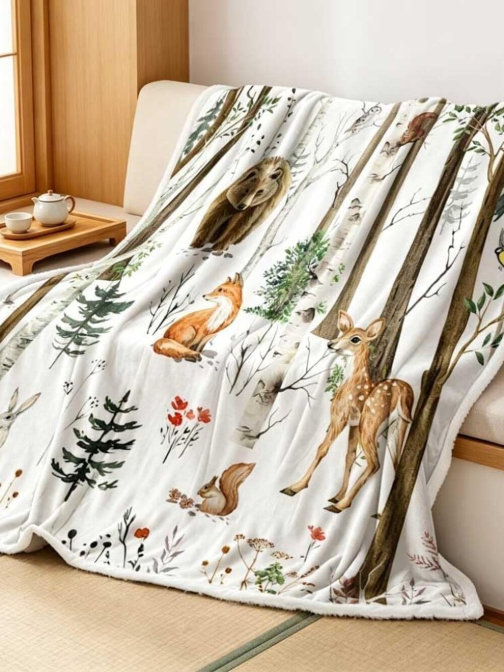 Woodland Animal Throw Blanket, Watercolor Forest Deer Fox Bear Print Soft Farmho
